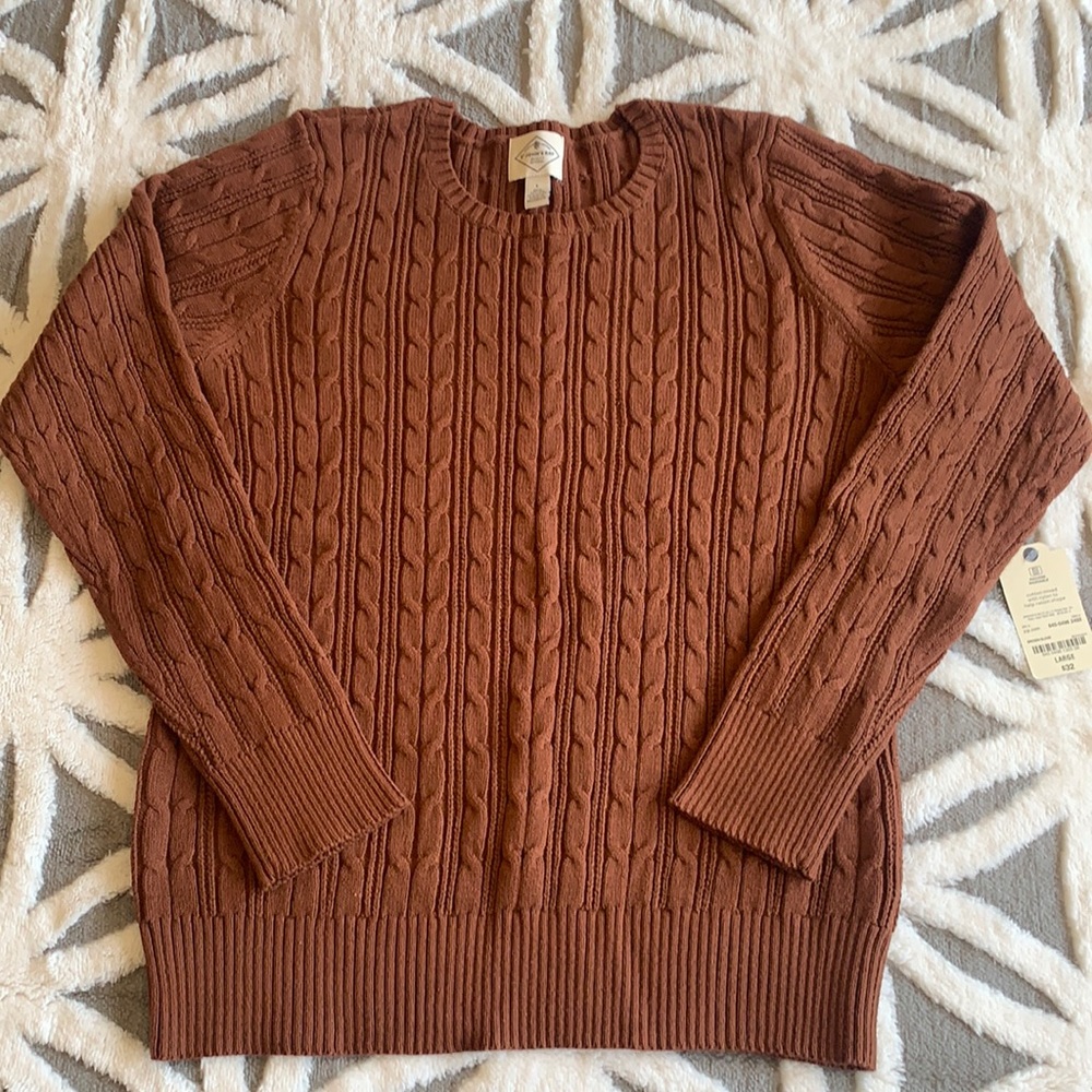 Brown cable knit crew neck sweater